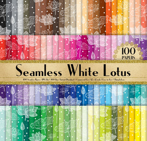 100 Seamless White Lotus Papers in 12&quot; x 12&quot;, 300 Dpi Planner Paper, Scrapbook Paper, Rainbow Paper, 100 Flower Papers, 100 Lotus Paper