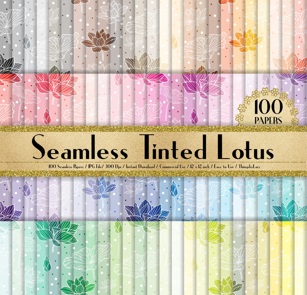 100 Seamless Tinted Lotus Papers in 12&quot; x 12&quot;, 300 Dpi Planner Paper, Scrapbook Paper, Rainbow Paper, 100 Flower Papers, 100 Lotus Paper