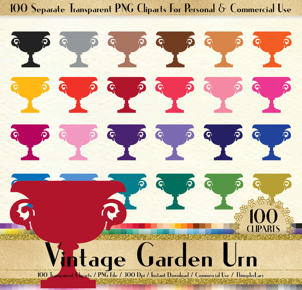 100 Vintage Garden Urn Clipart, Vintage Vase Clipart, 100 PNG Clipart, Planner Clipart, Instant Download Clipart