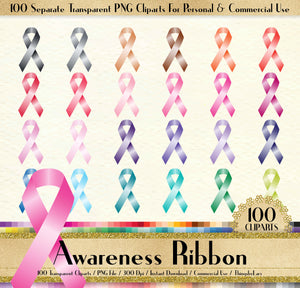 100 Awareness Ribbon Clipart, Awareness Bow Clipart, 100 PNG Clipart, Planner Clipart, Instant Download Clipart, World Cancer Day Clipart