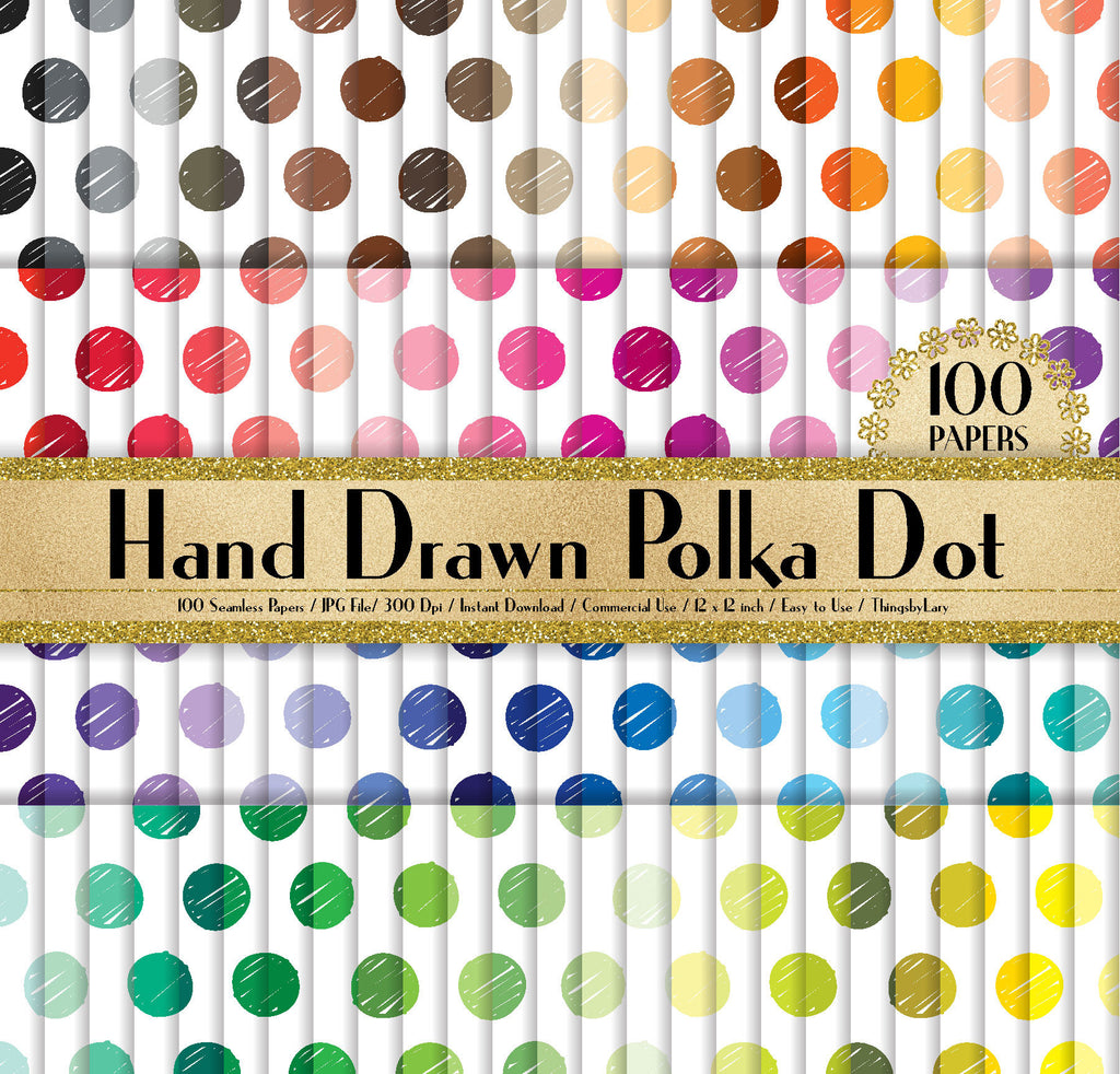 100 Seamless Hand Drawn Polka Dot Papers in 12&quot; x 12&quot;, 300 Dpi Planner Paper, Commercial Use, Scrapbook Papers, Rainbow Paper, Polka Dot