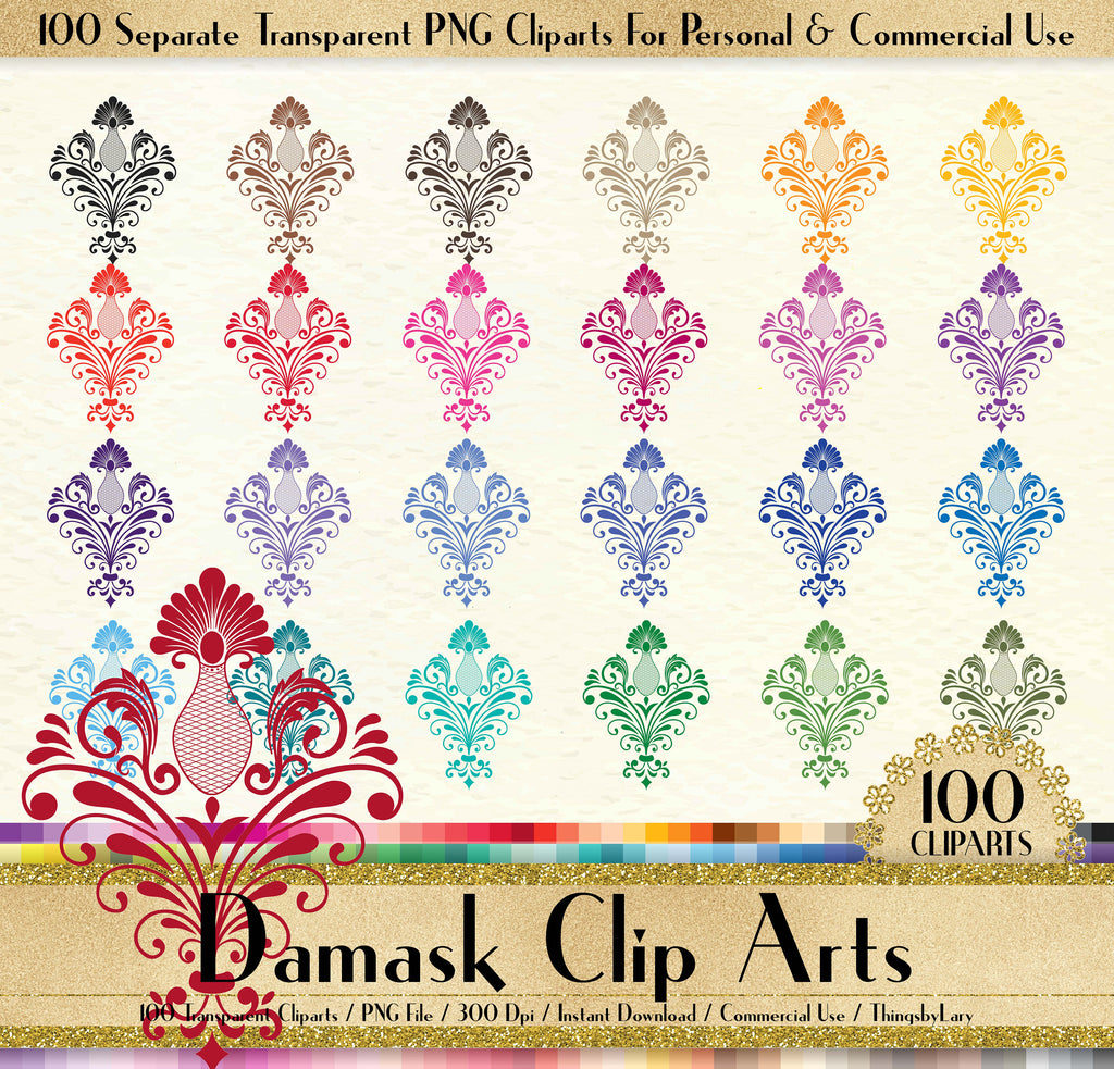 100 Damask Clipart, Ornament Clipart, Vintage Floral Clipart, 100 PNG Clipart, Planner Clipart, Transparent Decoration Clip Arts