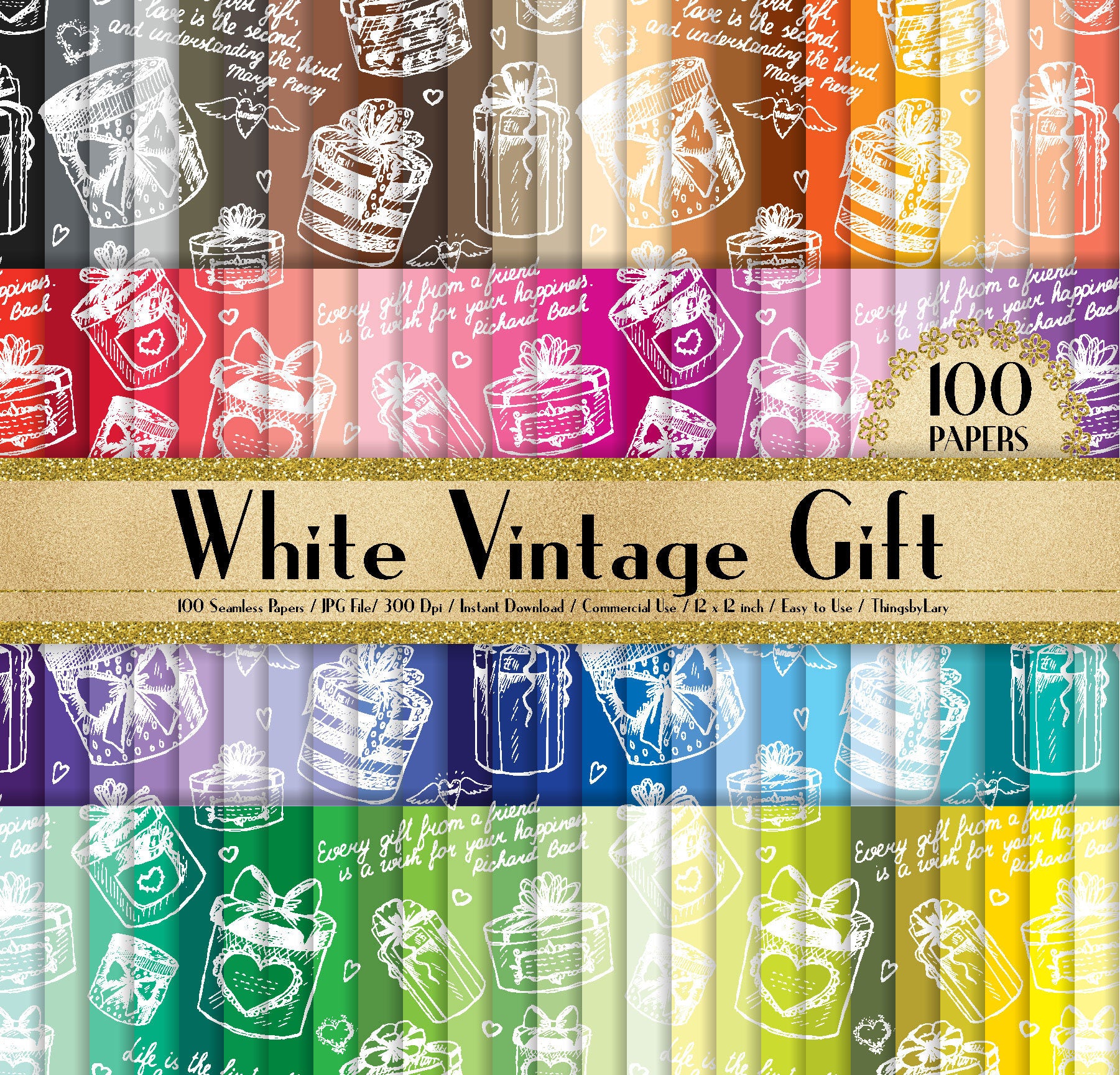 100 Seamless White Vintage Gift Box Papers in 12&quot; x 12&quot;, 300 Dpi Planner Paper, Commercial Use, Scrapbook Paper, Vintage Gift Box Paper