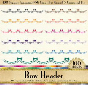 100 Bow Header Clipart, Bow Frame Clipart, 100 Header Clipart, 100 PNG Clipart, Planner Clipart, Transparent Decoration Clip Arts