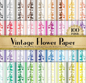 100 Seamless Vintage Flower Papers in 12 inch, 300 Dpi Planner Paper, Commercial Use, Scrapbook Paper,Rainbow Paper, 100 Vintage Papers