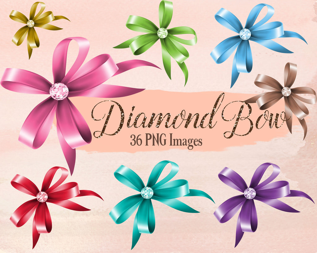 36 Bow with Diamond Clip Arts, Shiny Bow,Satin Bow,Instant Download,Digital Clipart, Bow Clipart,Diamond Clipart,Wedding,Invitation,Shower