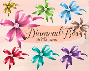 36 Bow with Diamond Clip Arts, Shiny Bow,Satin Bow,Instant Download,Digital Clipart, Bow Clipart,Diamond Clipart,Wedding,Invitation,Shower