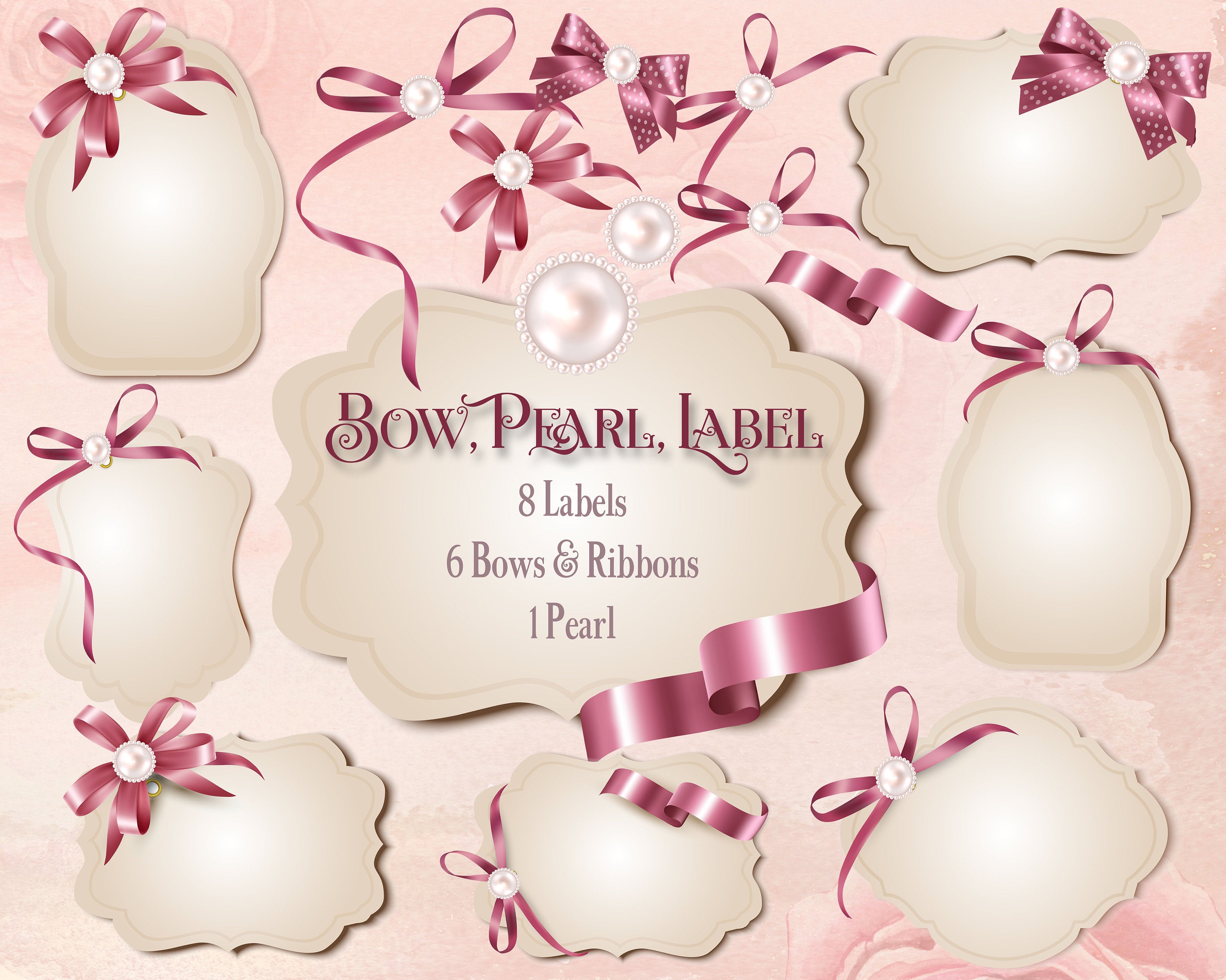 Bow with Pearl Label Frame, Shiny Bow,Satin Bow,Instant Download,Digital Clipart, Bow Clipart,Pearl Clipart,Wedding,Invitation,Shower