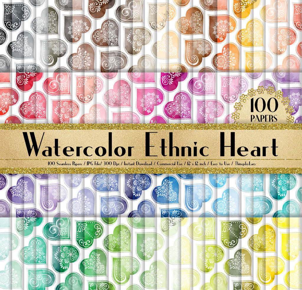 100 Watercolor Ethnic Heart Papers 12 inch,300 Dpi Planner Paper,Commercial Use,Scrapbook Paper,Rainbow Paper,100 Heart Papers,Watercolor