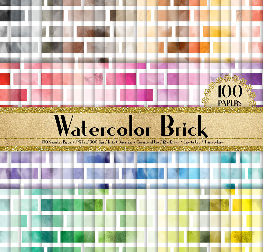 100 Watercolor Brick Papers 12 inch,300 Dpi Planner Paper,Commercial Use,Scrapbook Paper,Rainbow Paper,100 Brick Papers,Watercolor