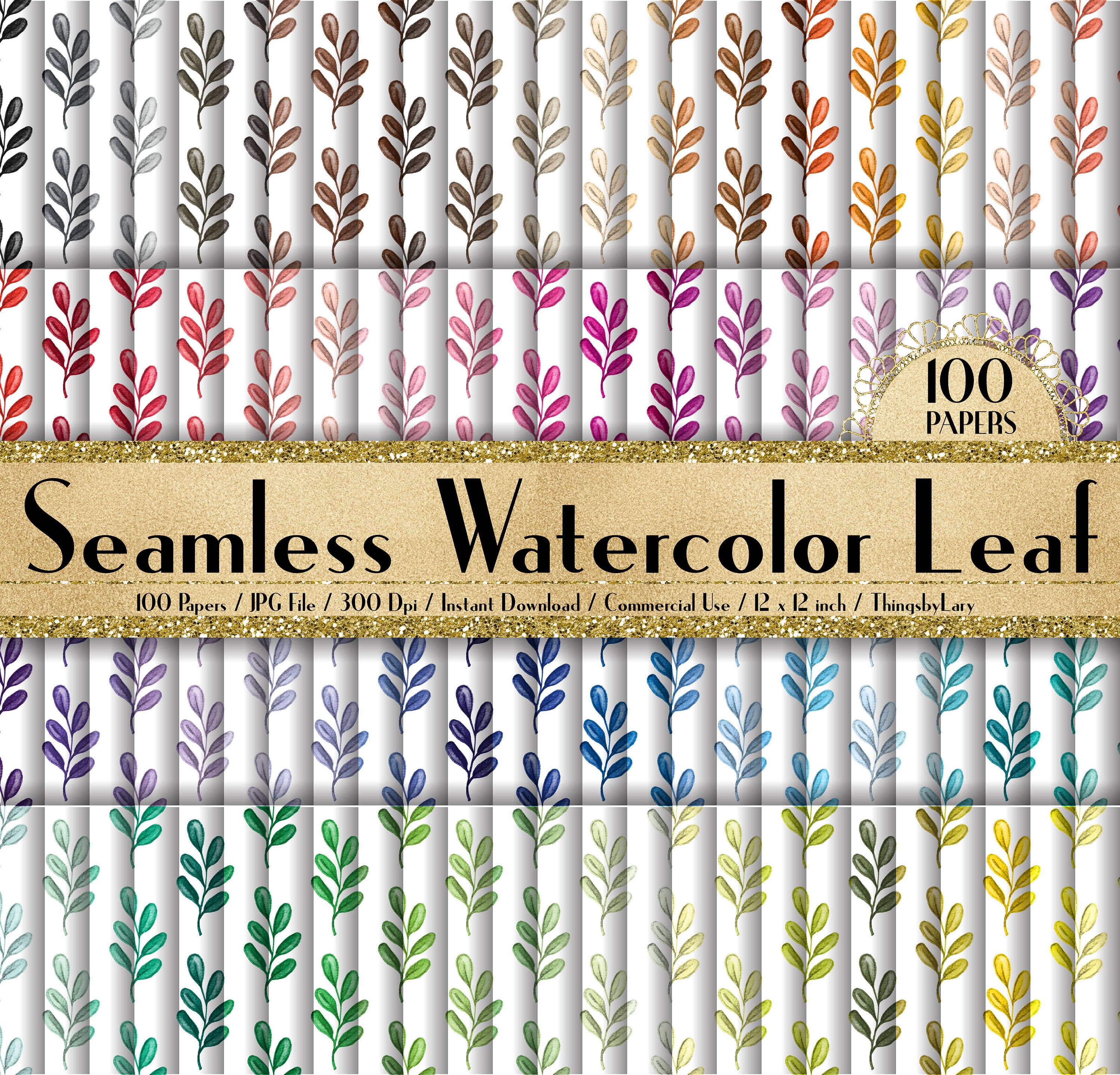 100 Seamless Watercolor Leaf Paper in 12&quot; x 12&quot;, 300 Dpi Planner Paper, Commercial Use, Scrapbook Paper,Leaf Paper,Watercolor Leaf