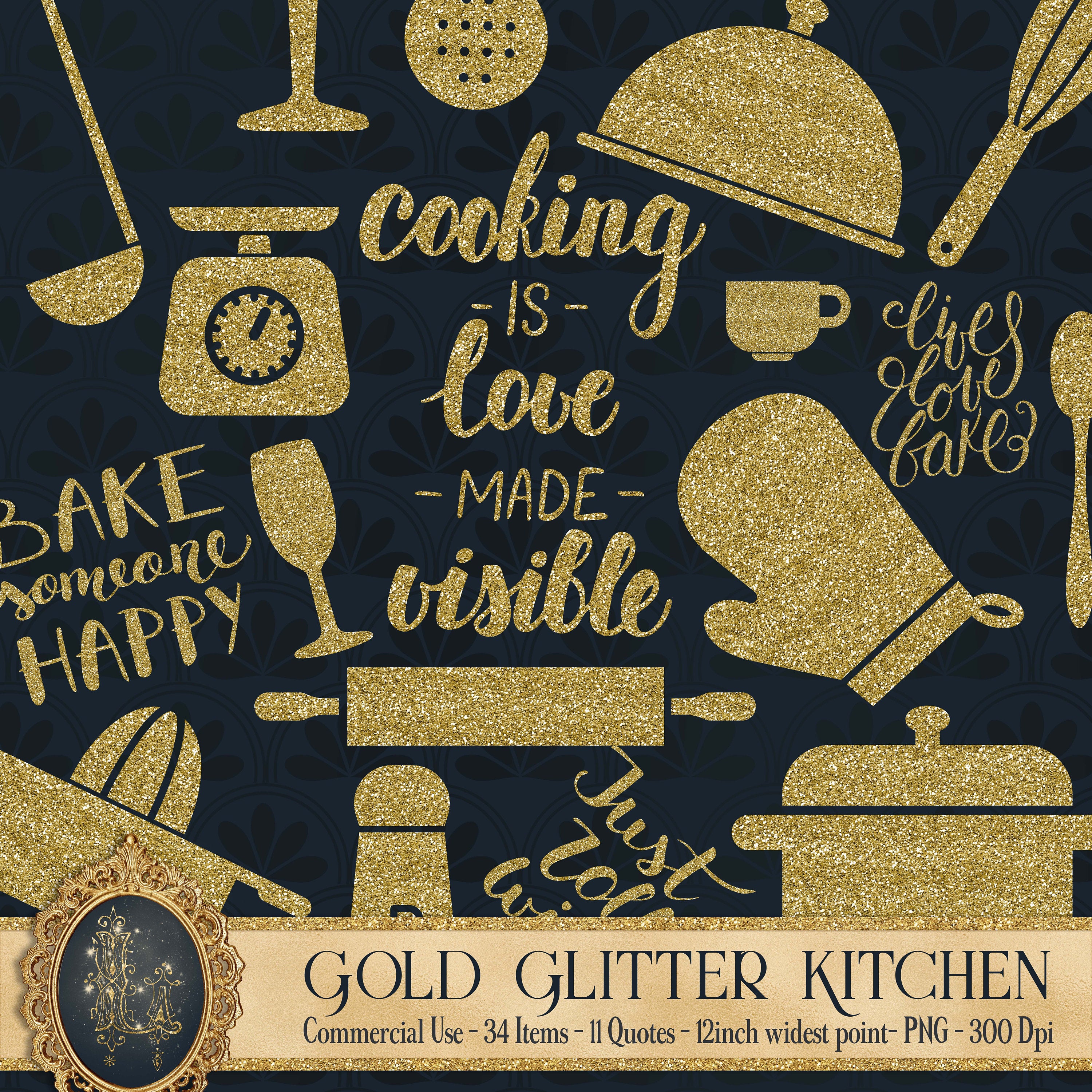 Gold Glitter Kitchen Sets, Instant Download, Commercial Use, Glitter Graphic, Gold Graphic, Bake Quote, Cooking Quote, Kitchen Clipart