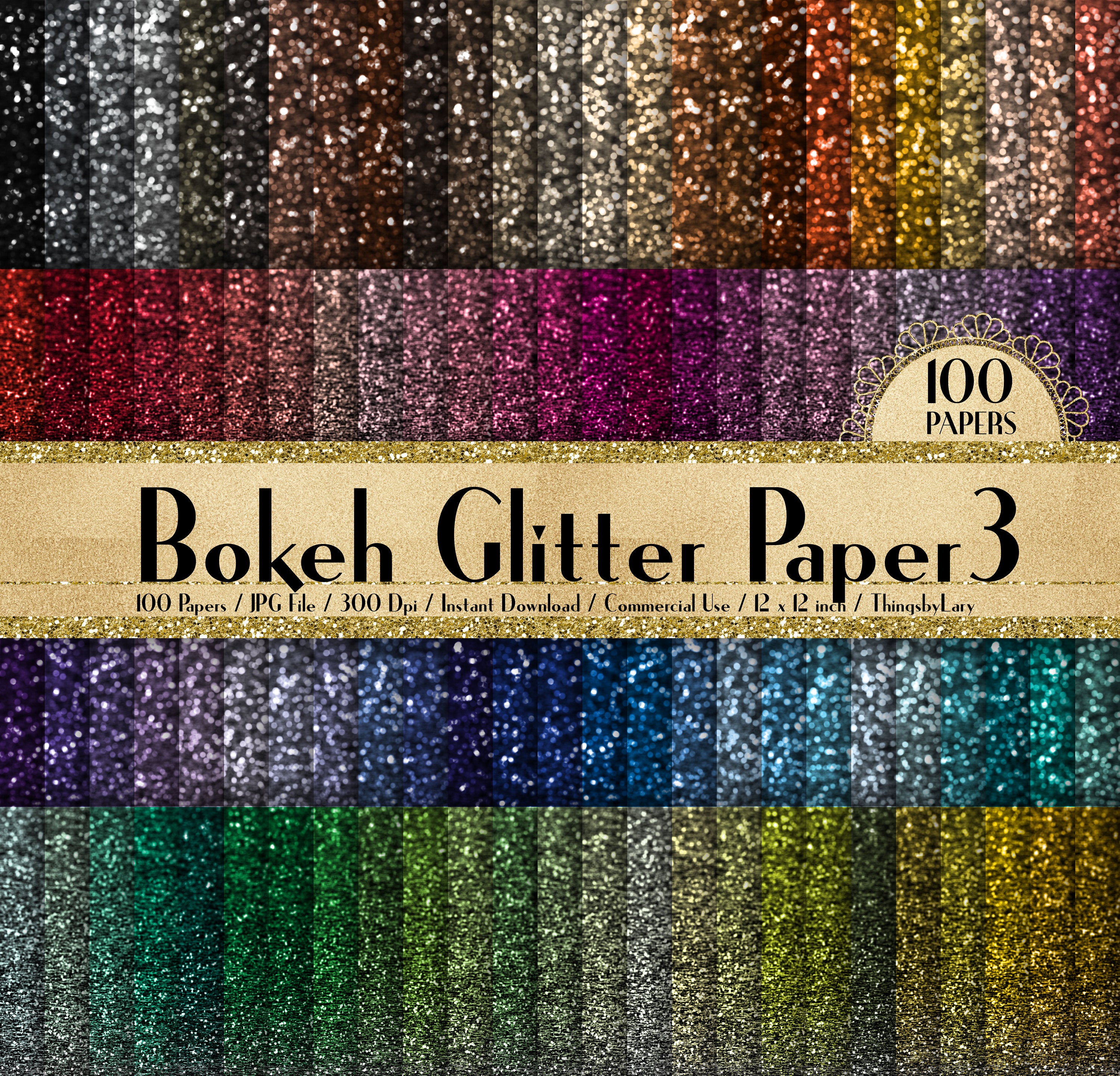 100 Bokeh Glitter Paper 3 in 12&quot; x 12&quot;, 300 Dpi Planner Paper, Commercial Use, Scrapbook Papers, Rainbow Paper, Glitter Paper