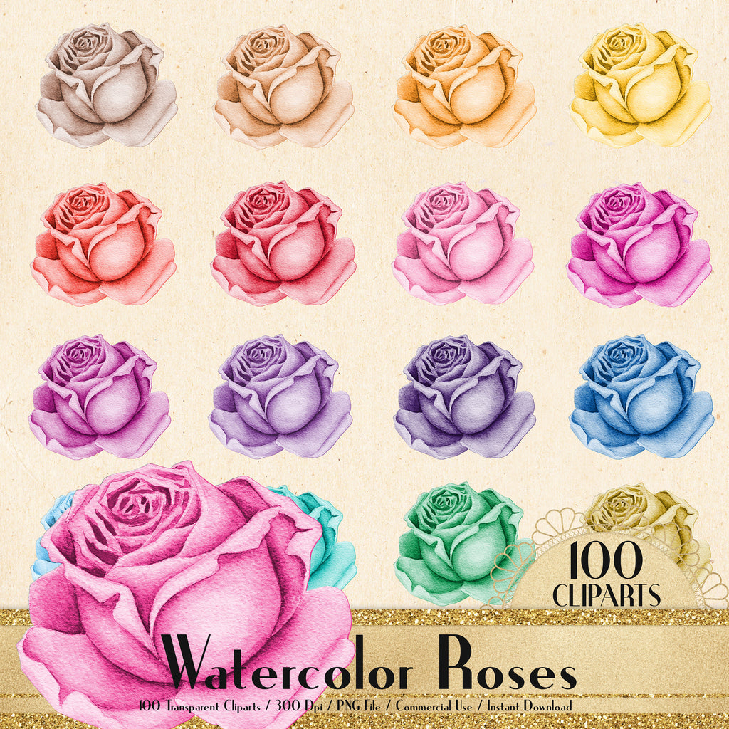 100 Watercolor Roses ,300 Dpi Planner Clipart, Scrapbooking, Watercolor Flower, Rose Cliparts, Watercolor Graphic, Bridal Shower