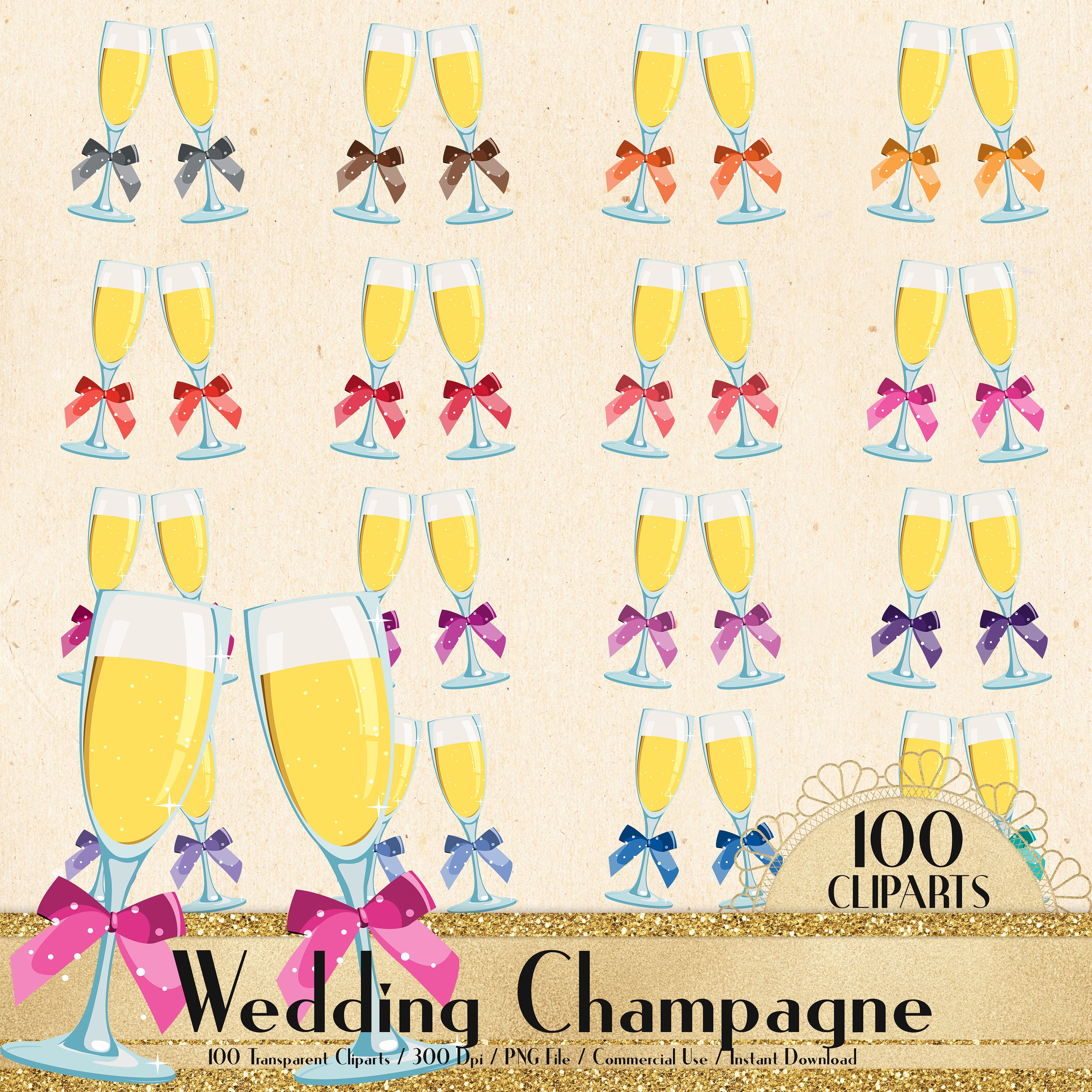 100 Wedding Champagne Glass Cliparts, Planner Clipart, Bridal Shower, Bride and Broom, Champagne Flutes, Wedding Decoration