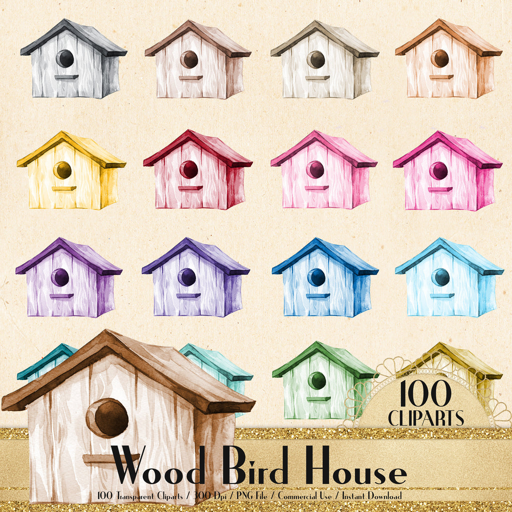 100 Watercolor Wooden Bird House Cliparts, Planner Clipart, Rustic Scrapbook, Bird Cage, Watercolor Bird House, Wood Graphic