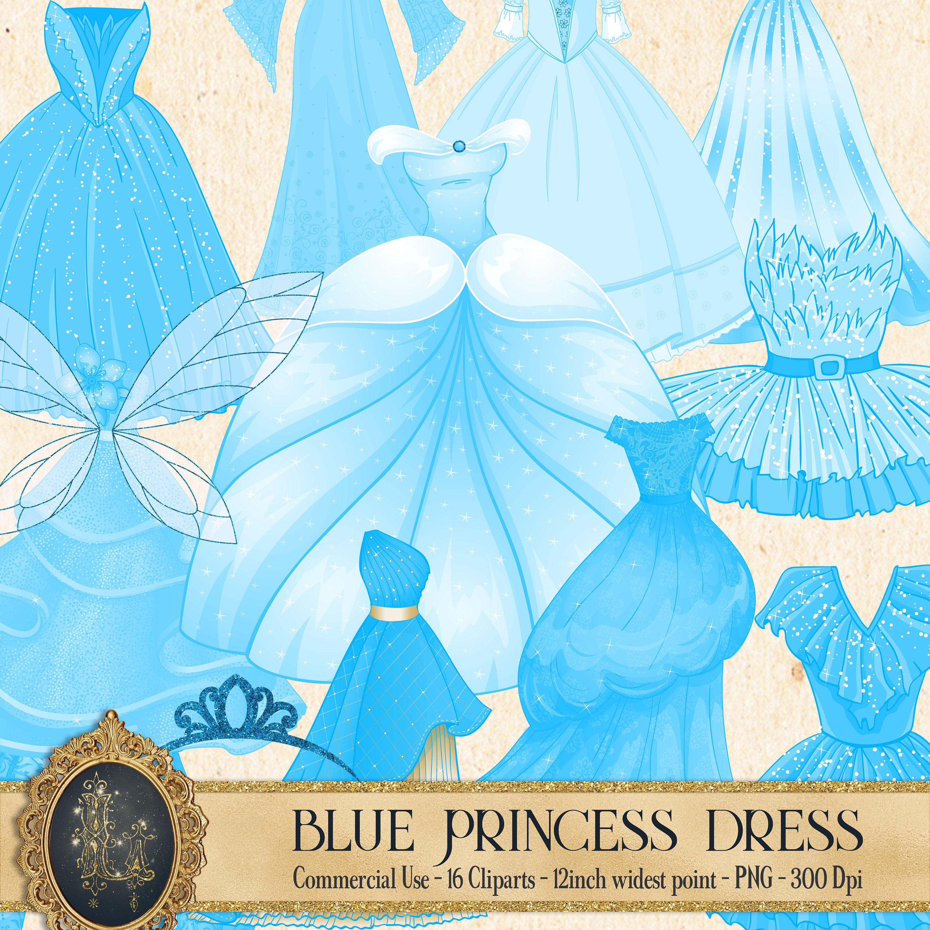 16 Blue Princess Dress Clip Arts, Princess, Baby Shower, Birthday Invitation, Kid Design, Blue Cliparts, Digital Princess