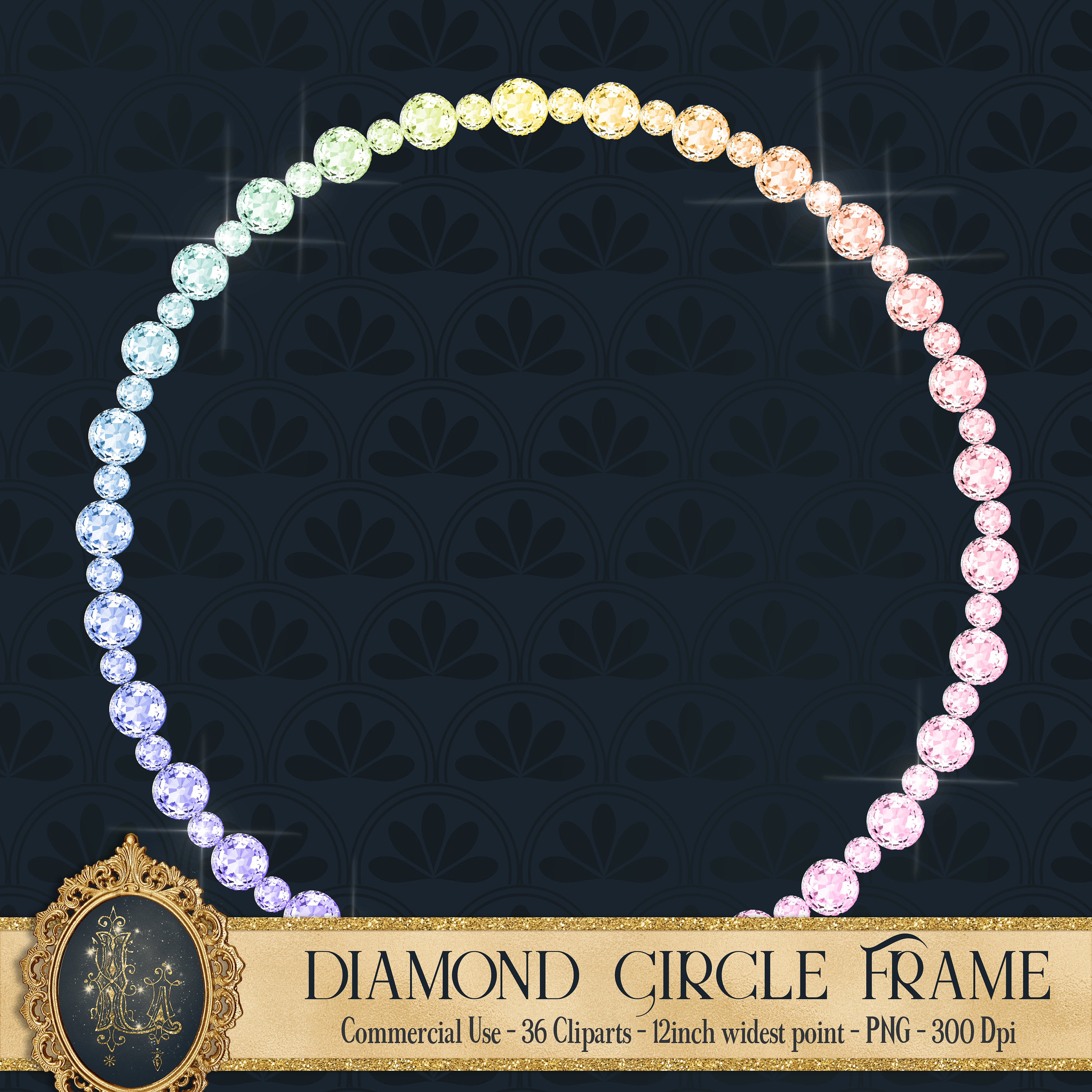 36 Rainbow Diamond Circle Frames,New Year Celebration Party,Instant download,Commercial Use, Planner Clipart, Unicorn Diamond, Diamond Frame