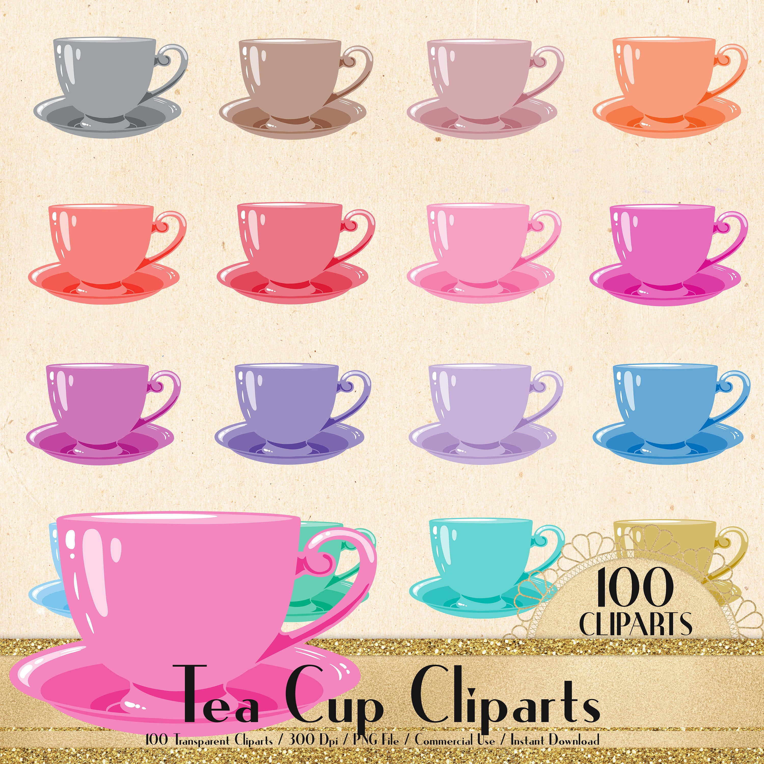 100 Tea Cup Cliparts, Garden Party Cliparts, Lovely Clipart, 100 PNG Clipart, Planner Clipart, Valentine Clip Arts, Tea Time, Tea Party