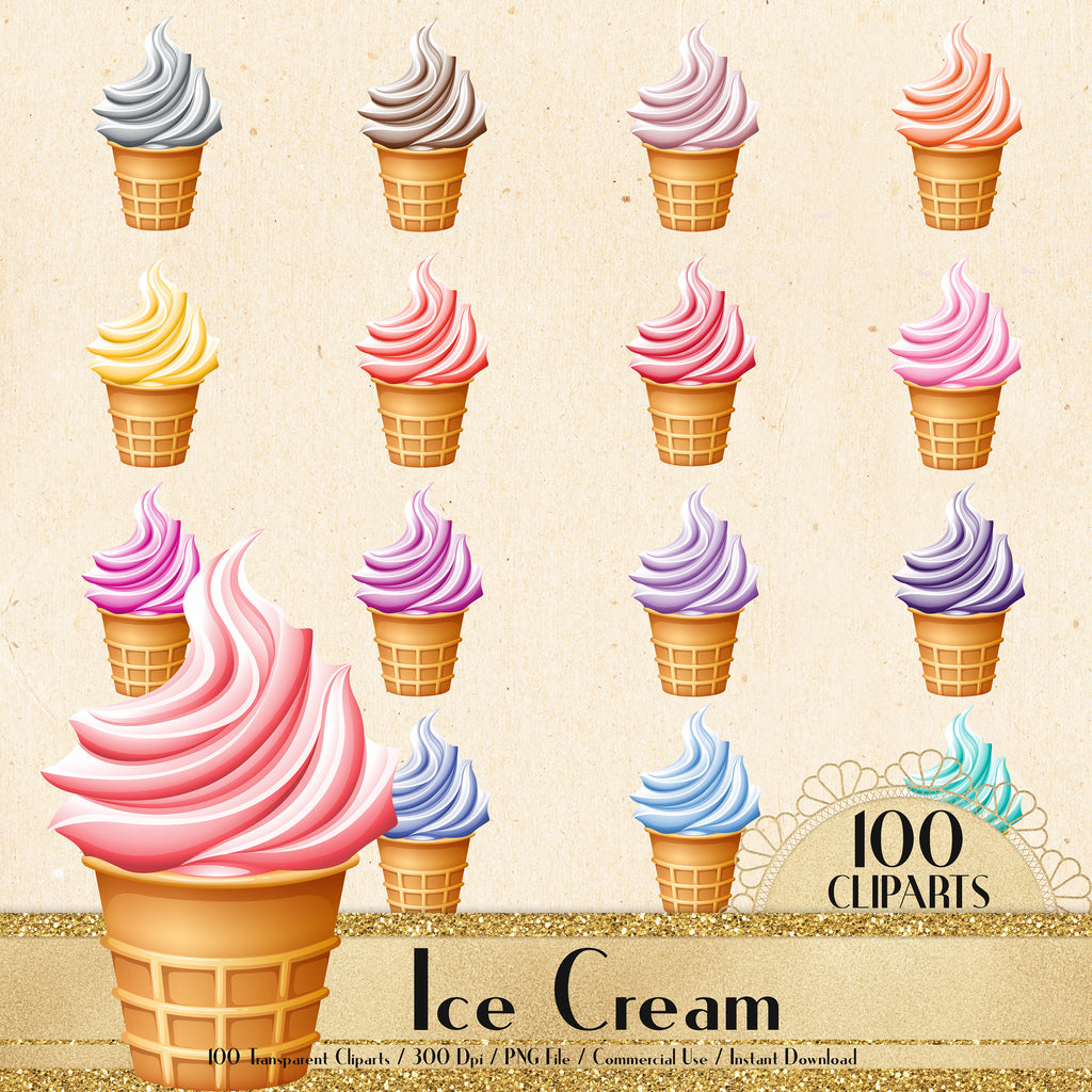 100 Ice Cream Cliparts, Printable, Commercial Use, Planner Clipart, Digital Ice cream, Kid Clipart, Birthday Party, Digital Birthday Supply