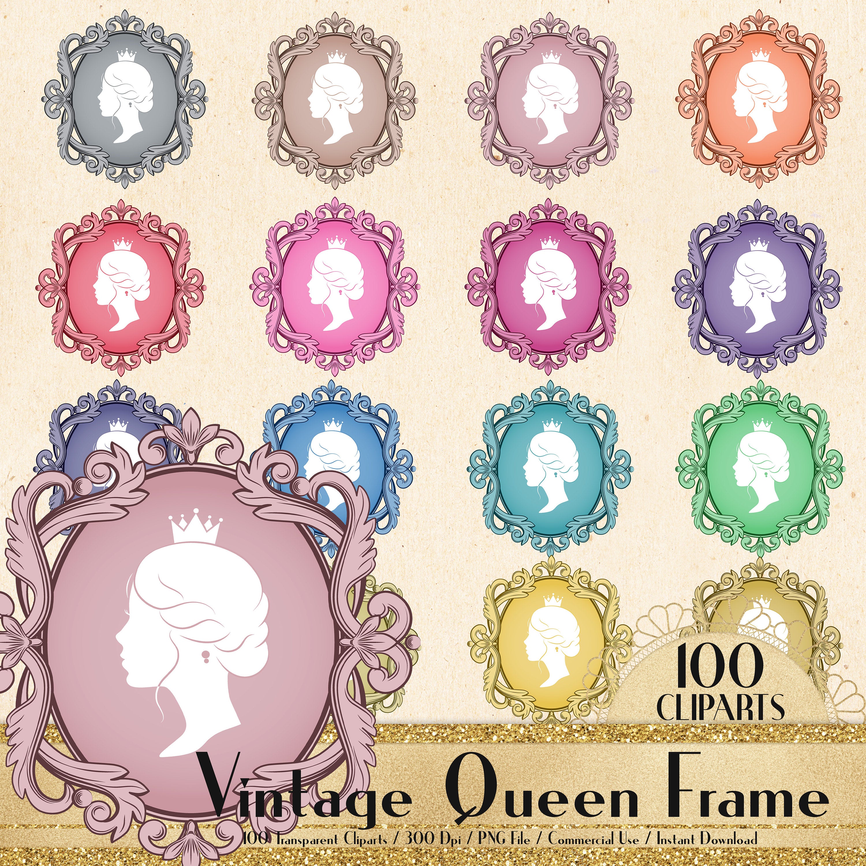 100 Vintage Royal Queen Frame Cliparts, Antique Frame, Ancient Frame, Commercial Use, Planner Clipart, Royal Frame, Queen, Princess, Jewelry
