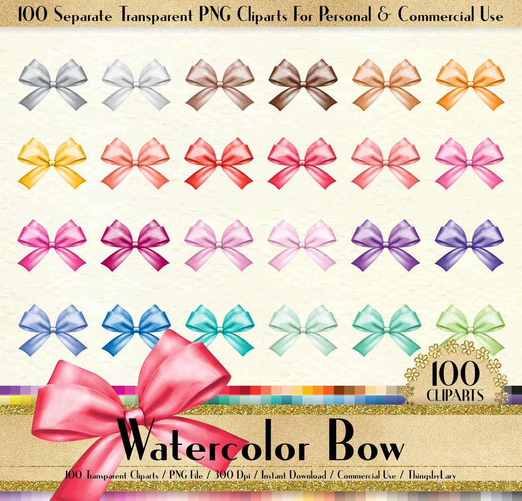 100 Watercolor Bow Clipart,Ribbon,100 Watercolor Clipart,PNG Clipart,Planner Clipart,Girl Clip Arts,Bridal Shower,Valentine,Fashion Clipart