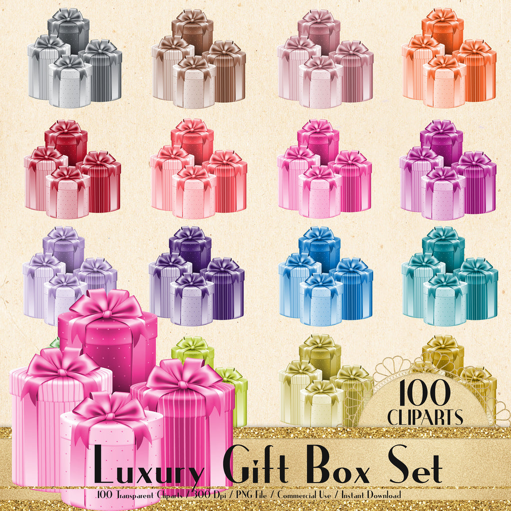 100 Luxury Gift Box Set Cliparts, Planner Clipart, Scrapbook, Bridal Shower, Birthday Party, Birthday Gift, Valentine Gift, Gift Box