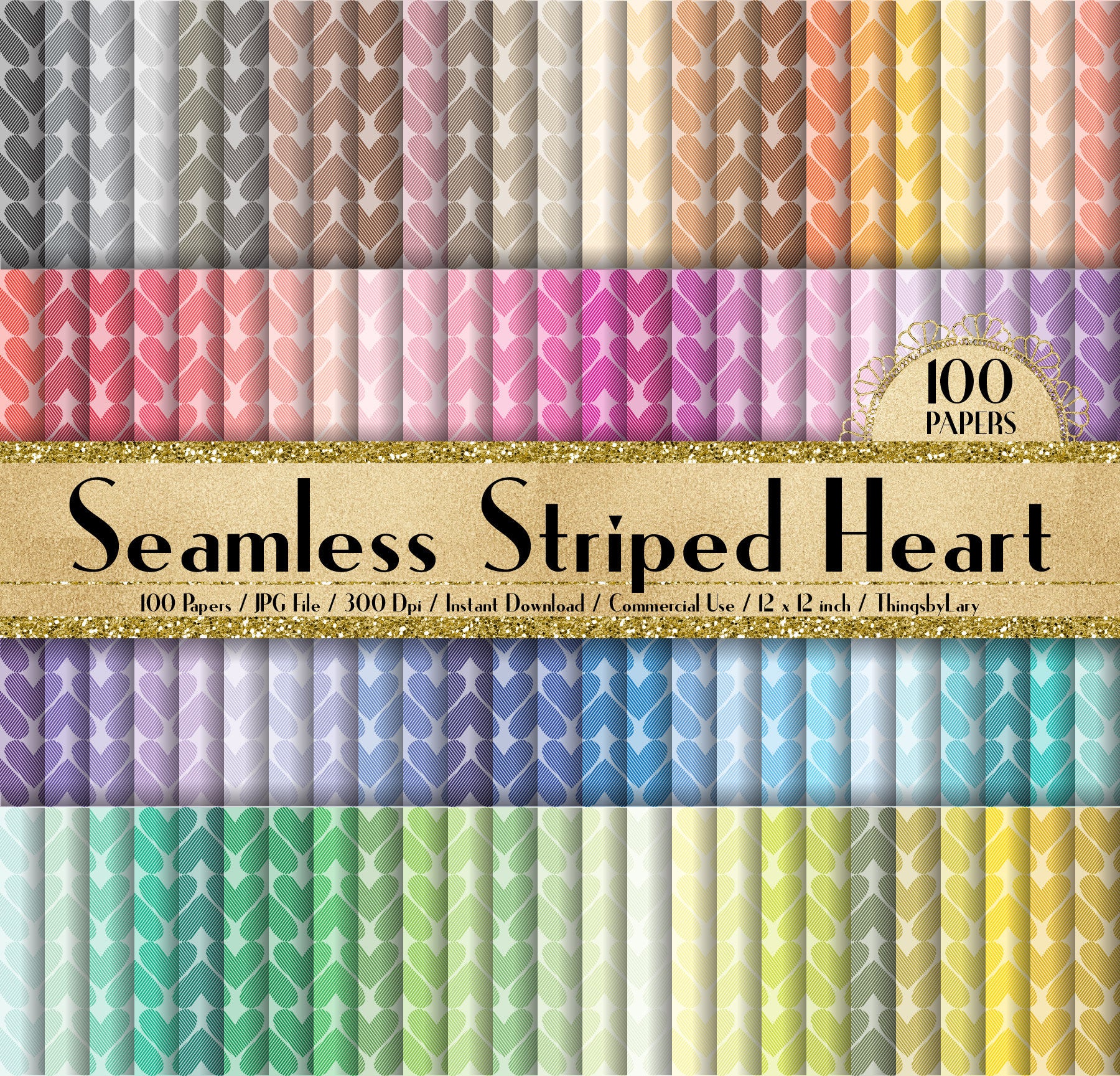 100 Seamless Striped Heart Papers 12 inch 300 Dpi Instant Download Commercial Use, Planner Paper, Scrapbooking Romantic Kit, Seamless
