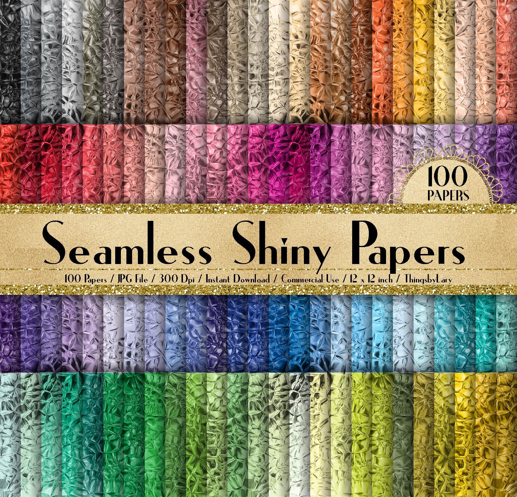 100 Seamless Shiny Papers in 12inch,300 Dpi Planner Paper,Scrapbook Paper,Rainbow Paper,Glass Paper,Metallic Paper,Alligator Print,Gold