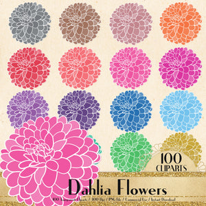100 Dahlia Flower Clip Arts, Botanical Greenery, 300 Dpi Planner Clipart, Scrapbooking, Floral Graphic, Bridal Shower, Commercial Use