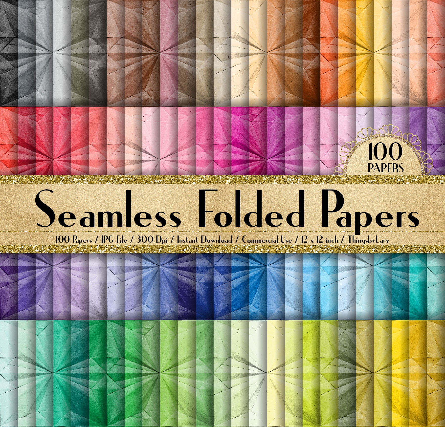 100 Seamless Folded Papers 12 inch 300 Dpi Instant Download Commercial Use, Planner Paper, Scrapbooking Craft origami Kit, Seamless Papers
