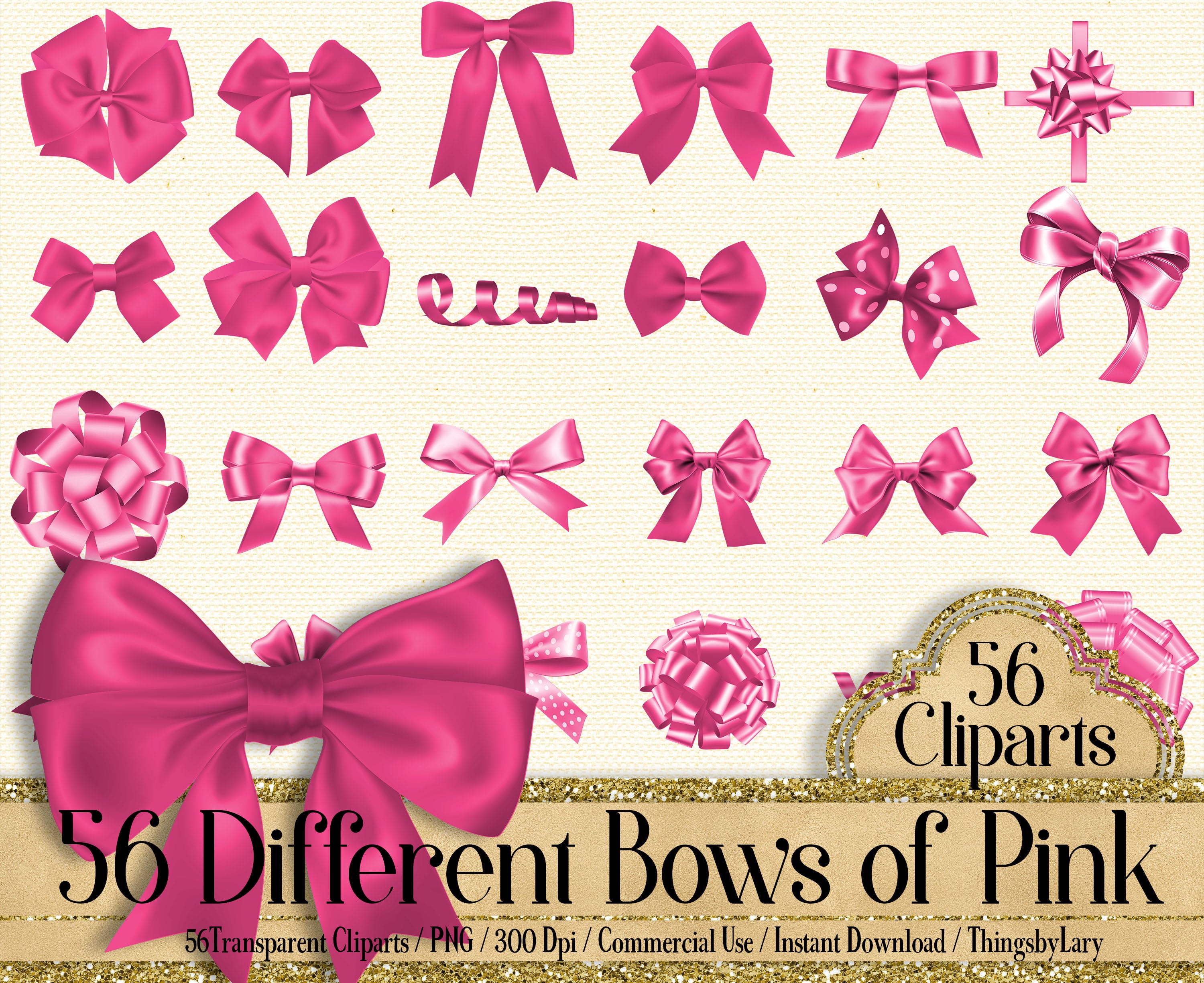 56 Pink Bows and Ribbons Cliparts, 300 Dpi, Instant Download, Commercial Use, Bridal Shower, Digital Bows, Wedding Invitation, Satin Bows