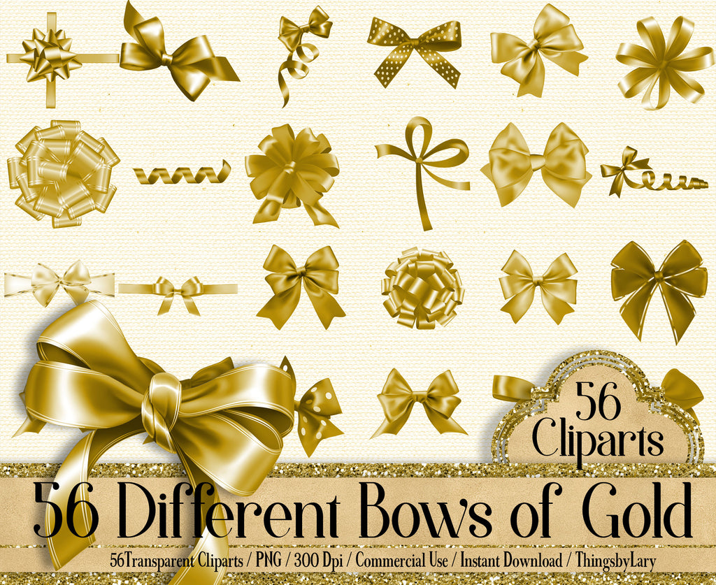 56 Gold Bows and Ribbons Cliparts, 300 Dpi, Instant Download, Commercial Use, Bridal Shower, Digital Bows, Wedding Invitation, Satin Bows