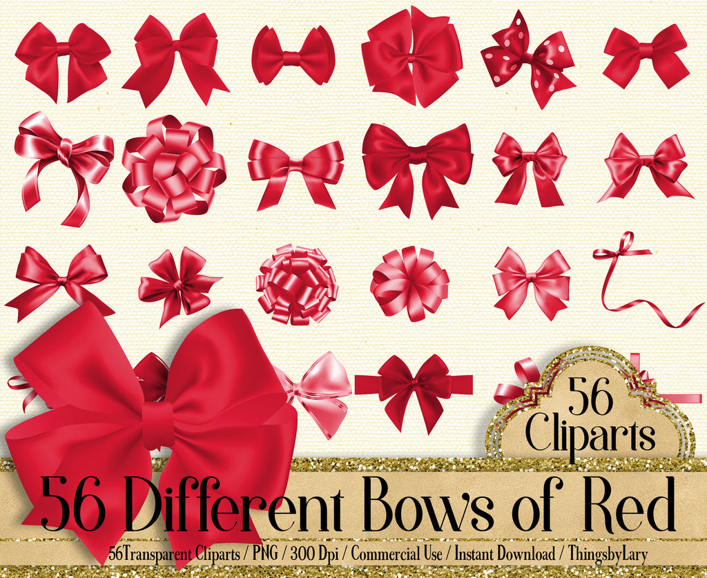 56 Red Bows and Ribbons Cliparts, 300 Dpi, Instant Download, Commercial Use, Bridal Shower, Digital Bows, Wedding Invitation, Satin Bows