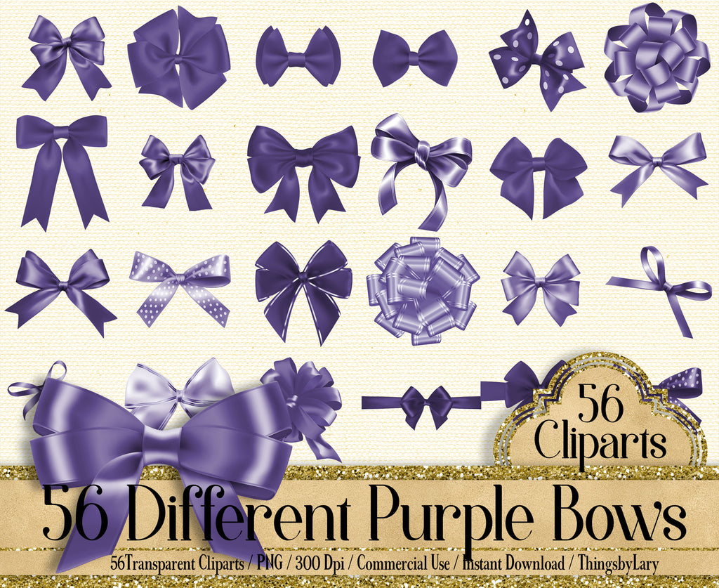 56 Ultra Violet Bows and Ribbons Cliparts, 300 Dpi, Instant Download, Commercial Use, Bridal Shower, Digital Satin Bows, Wedding Invitation