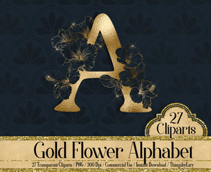 Gold Flower Alphabet 27 Cliparts 300 Dpi Planner Paper Commercial Use, Scrapbooking Gold Kit, Digital Gold Foil Alphabet, Hibiscus Alphabet