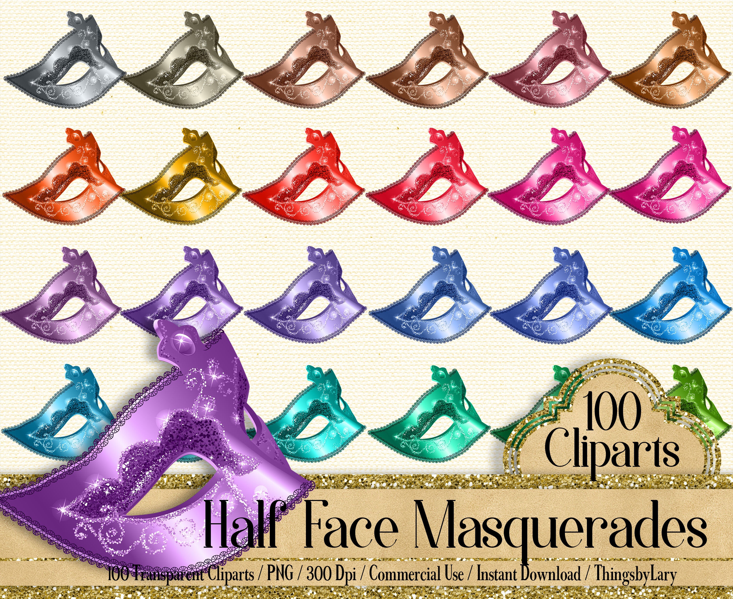 100 Half Face Masquerade Cliparts, Fashion Cliparts 300 Dpi Instant Download Commercial Use, Festival Mask, Scrapbook Theatre Kit,