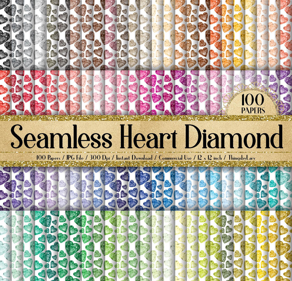 100 Seamless Watercolor Heart Diamond Papers 12 inch 300 Dpi Commercial Use Instant Download, Watercolor Diamond Papers,Heart Papers