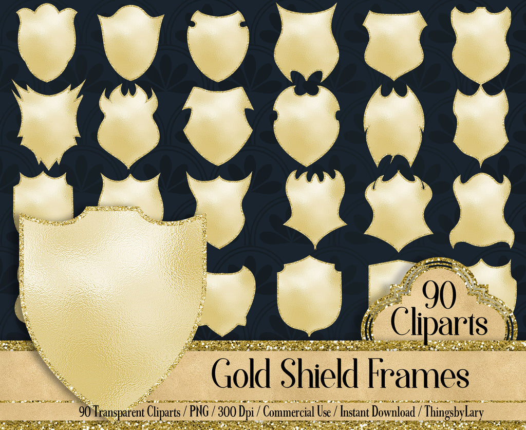 90 Gold Glitter Shield Frames 300 Dpi Planner Paper Commercial Use, Scrapbooking Gold Kit, Digital Gold Foil Frame, Royal Shield Frame