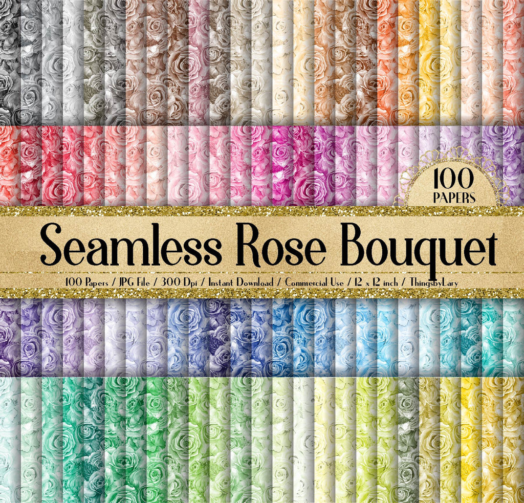 100 Seamless Watercolor Rose Bouquet Papers 12 inch 300 Dpi Commercial Use Instant Download,Seamless Rose Bouquet,Watercolor Papers