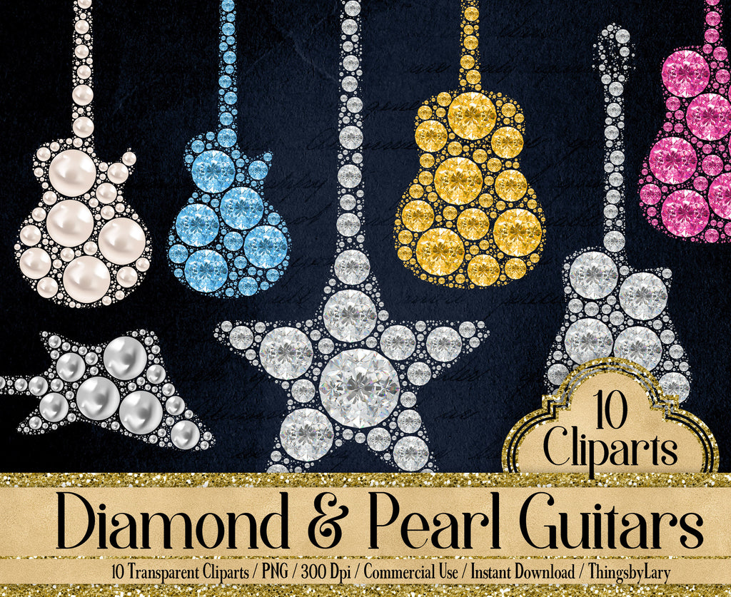 10 Diamond and Pearl Guitar Cliparts, 300 Dpi, Instant Download, Commercial Use, Transparent, Diamond Clip Art, Diamond Guitar, Music