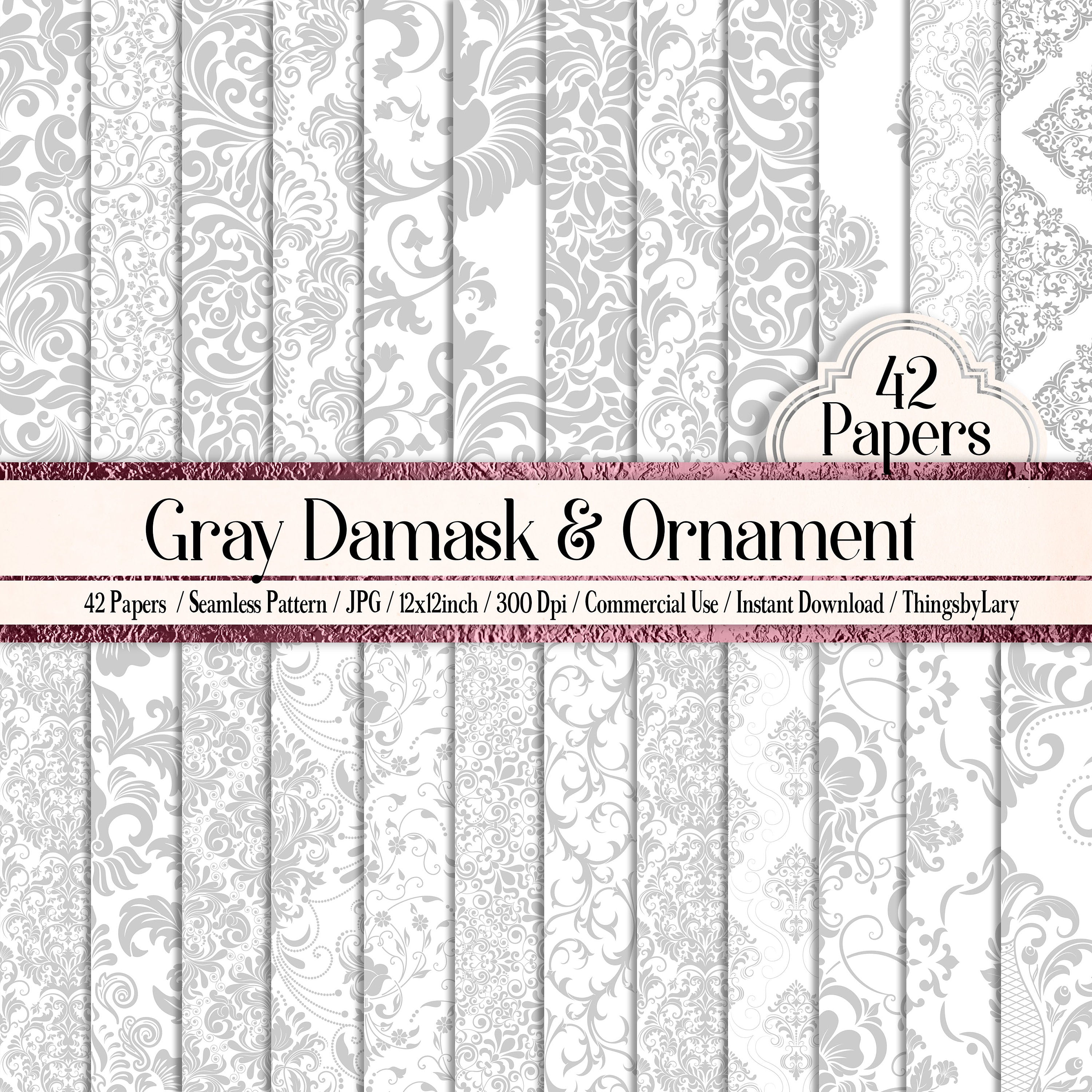 42 Seamless White and Silver Damask and Ornament Papers 12 inch 300 Dpi Instant Download Commercial Use Planner Paper Scrapbook Luxury Kit