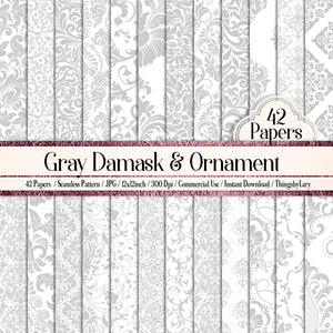 42 Seamless White and Silver Damask and Ornament Papers 12 inch 300 Dpi Instant Download Commercial Use Planner Paper Scrapbook Luxury Kit