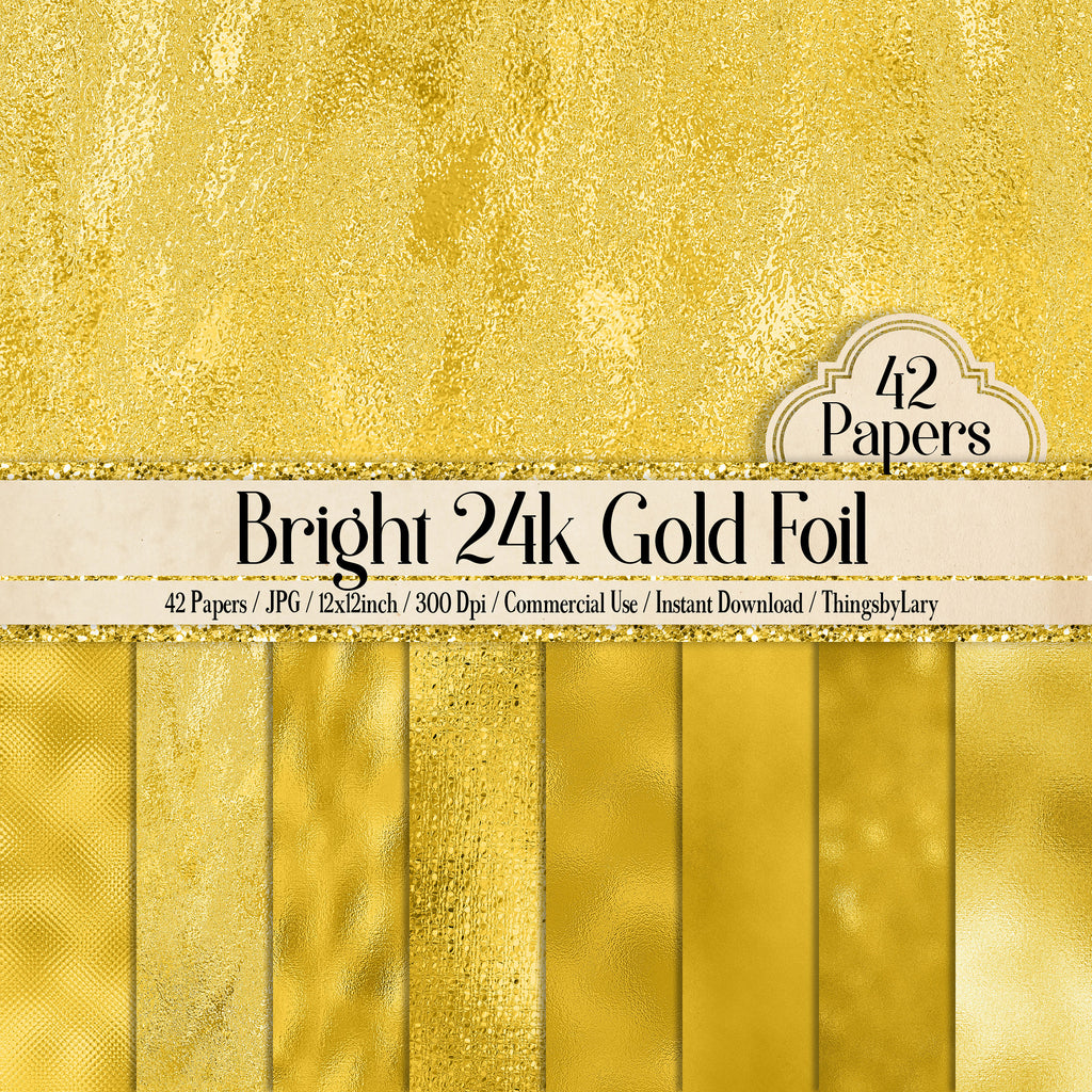 42 Bright 24k Gold Foil Papers 12 inch 300 Dpi Planner Paper Commercial Use Scrapbook Paper, Digital Foil Print, Luxury Real Gold Paper