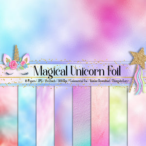 16 magical unicorn foil digital papers commercial use, luxury texture scrapbook paper, distressed rainbow foil fairy kid paper Iridescent