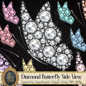 15 Diamond Butterfly Side View Clip Arts 300 Dpi Instant Download Commercial Use Transparent diamond illustration, Wedding Butterfly Kit
