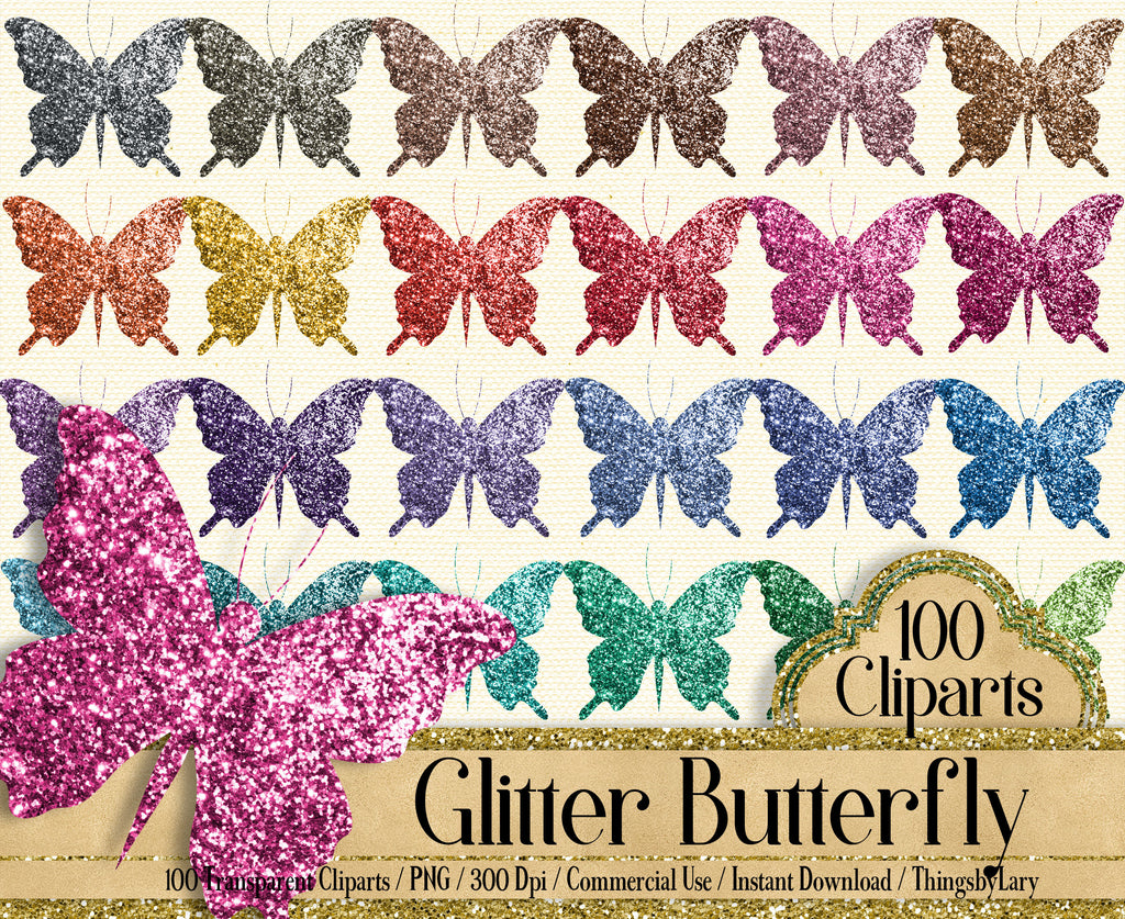 100 Luxury Glitter Butterfly Cliparts, Planner Clipart, Colorful Butterfly Clipart Wedding Graphic Romantic Graphic Glitter Butterfly Design