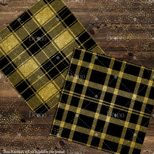 16 Gold Glitter Tartan Plaid Gingham Check Digital Papers 12inch 300 dpi commercial use instant download, Black and Gold Paper Pack