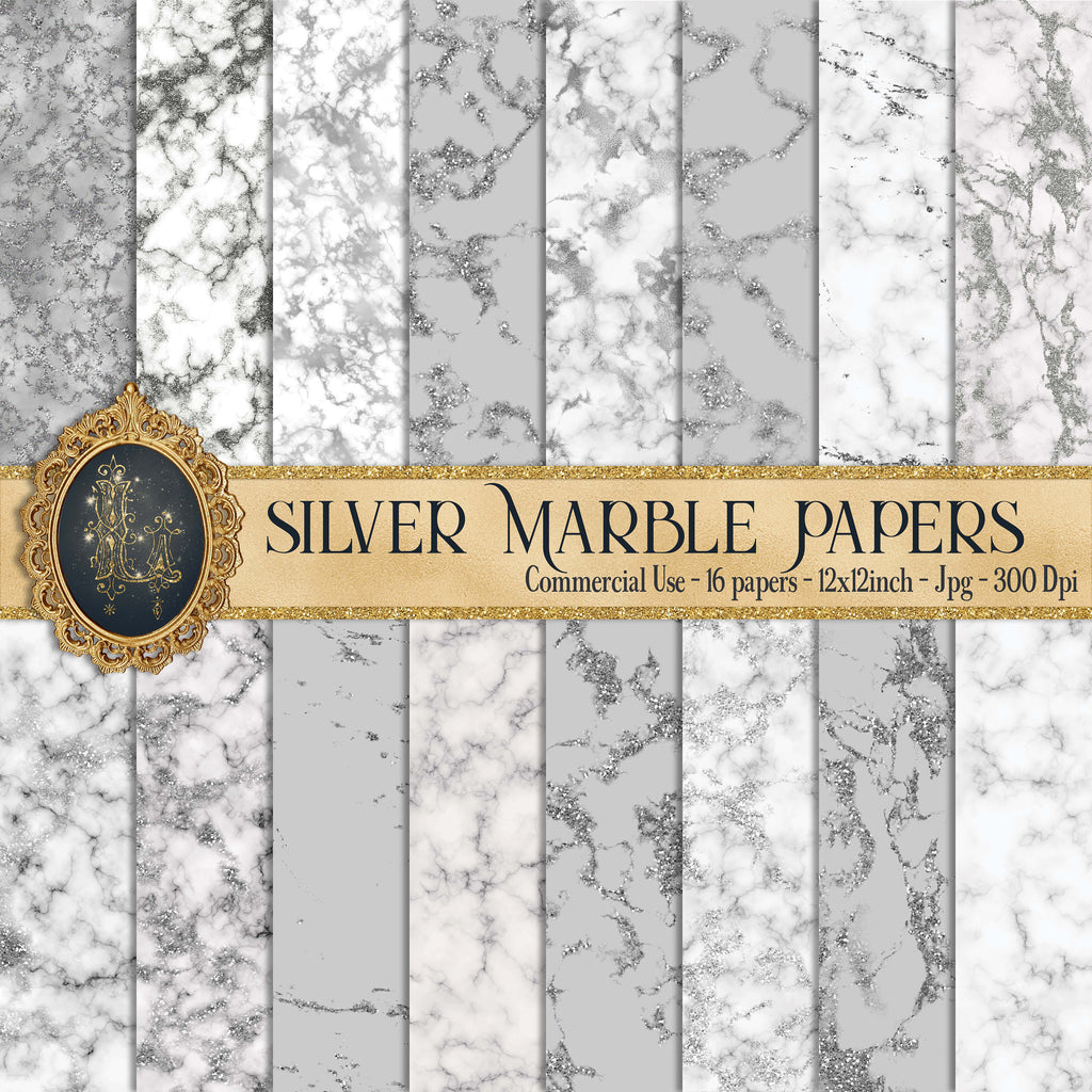 16 Silver Marble Papers, Silver Marble, Digital Marble Paper, Glitter Marble, Foil Marble, Digital Texture Paper, Printable Paper