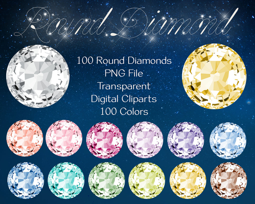 100 Round Diamond Cliparts, 300 Dpi, Instant Download, Commercial Use, Bridal Shower, Digital Clip Art, ,Wedding Invitation, Royal Diamond